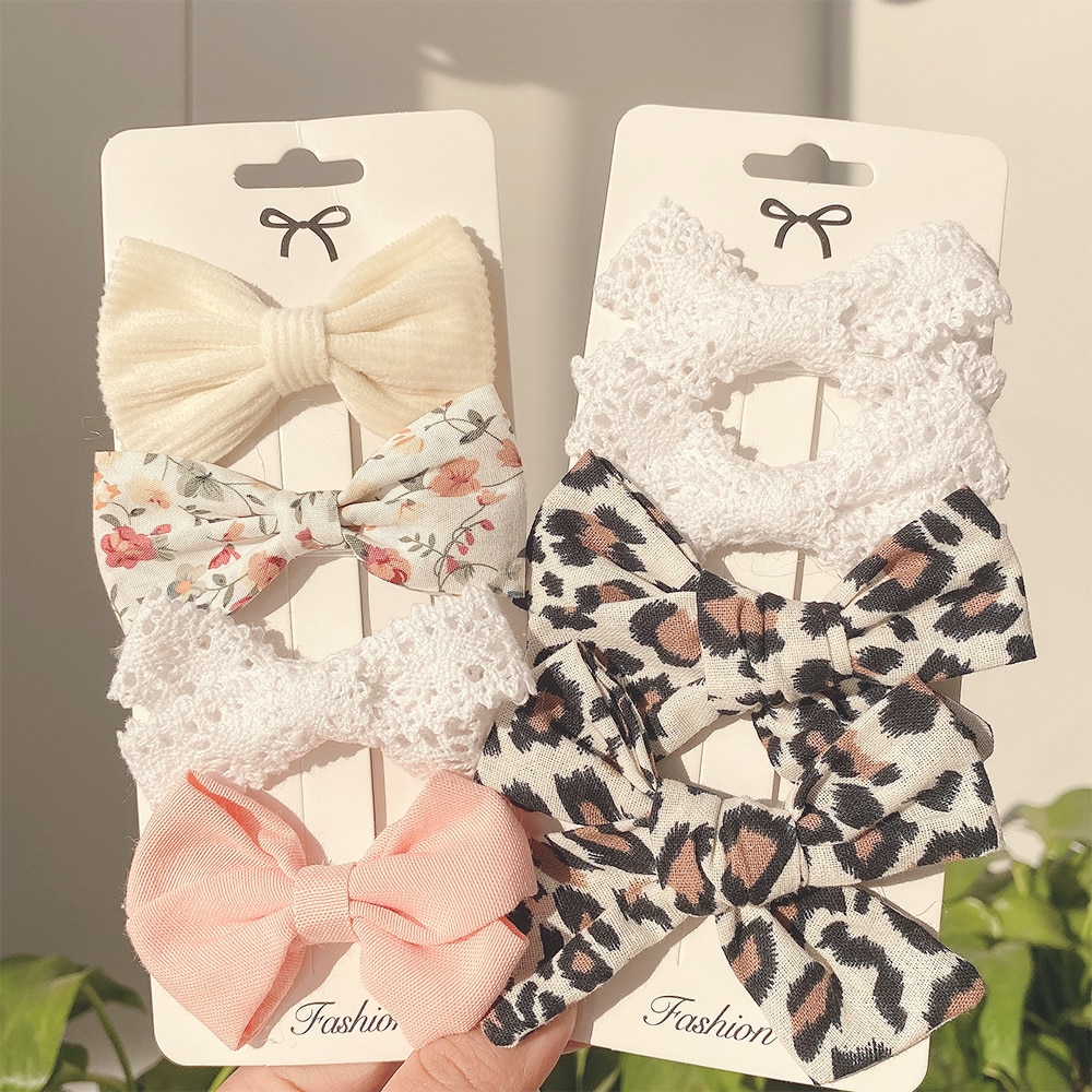 4 Pcs/set Cotton Linen Leopard Printed Bowknot Hair Clips For Cute Girls Barrettes Safty Hairpins Headwear Kids Hair Accessories